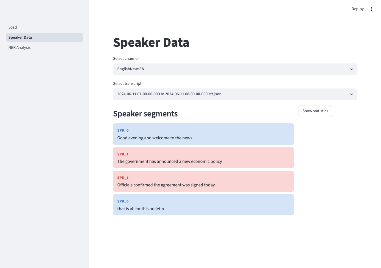 Speaker Data page — diarised speaker segments for an English broadcast